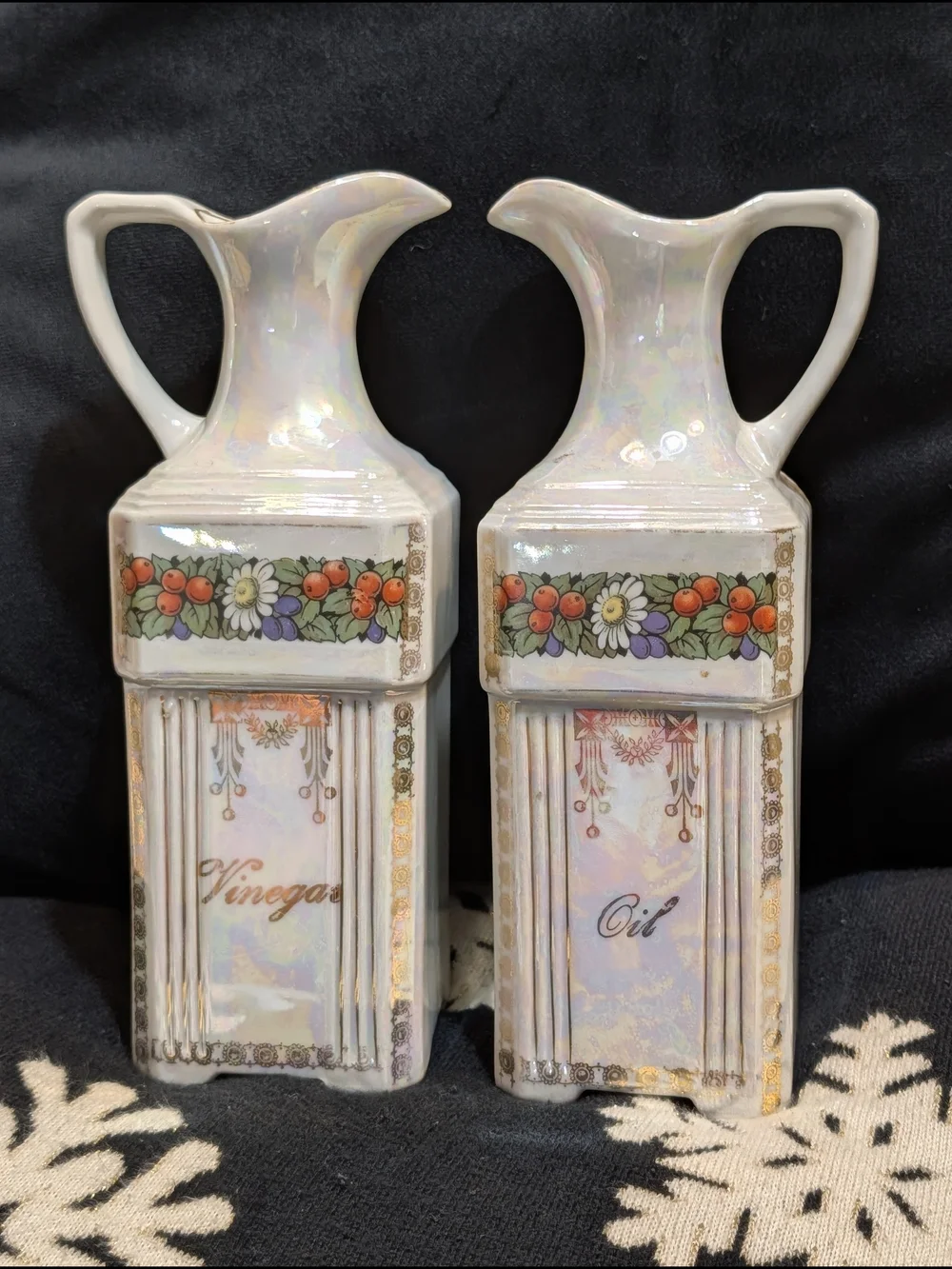 Iridescent White Ceramic Oil and Vinegar Antique German Porcelain Set